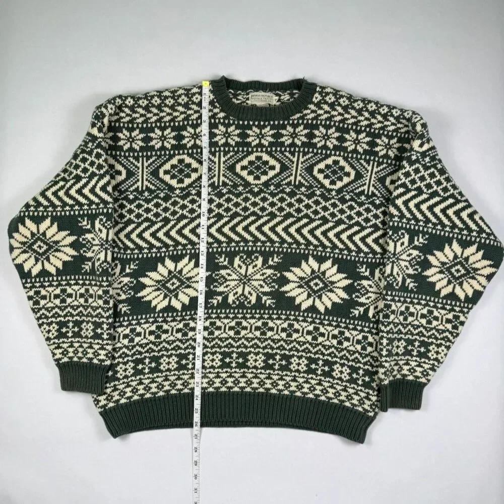 Vintage Banana Republic Knit Sweater Green White Snowflake Cotton XL